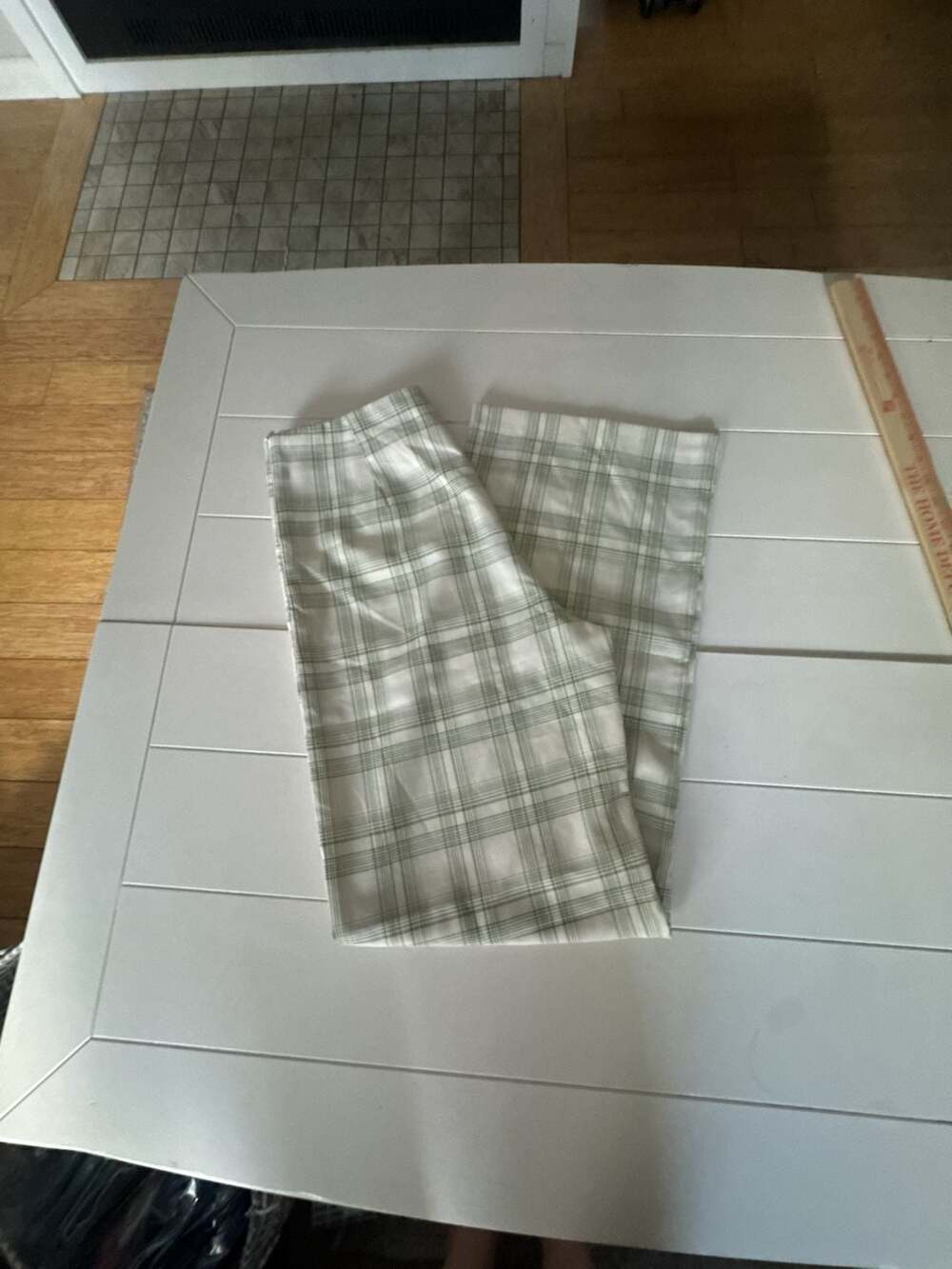 West of Melrose White and Green Plaid High-Rise Wide Leg Trouser Pants